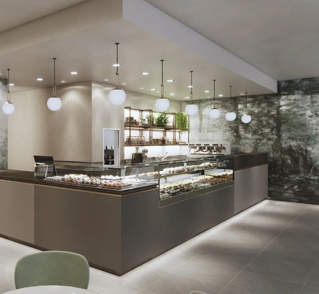 Banco pasticceria con vetrine e lampade a sfera